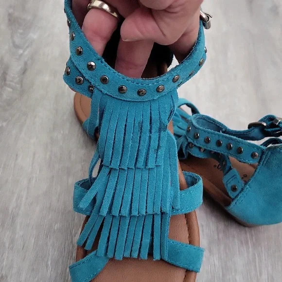 MINNETONKA Women's Sandals Suede Fringe Wedge wedge Turquoise  Size 6 - Picture 6 of 11